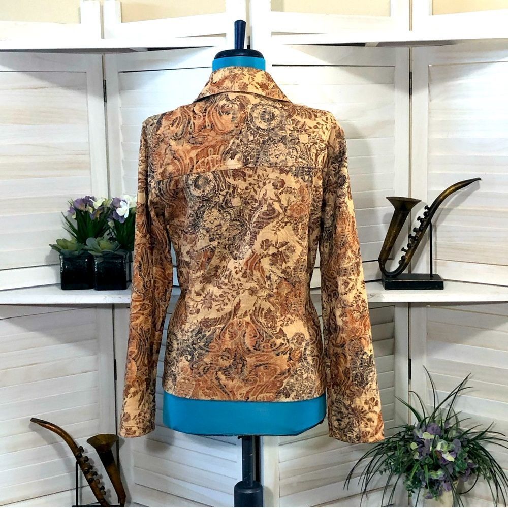 Vintage Y2K 70s boho retro vibes paisley tan rust orange cotton canvas jacket M - Picture 2 of 10